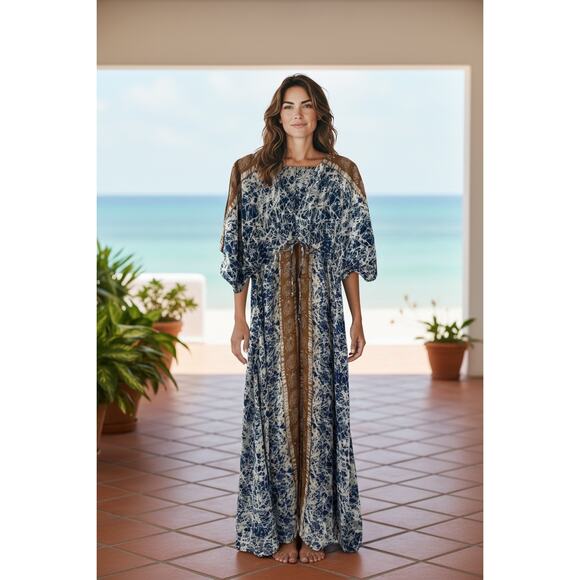 Free People Drawstring Waist Boho Midi Maxi Dress Blue & Brown Size XS - Picture 1 of 11